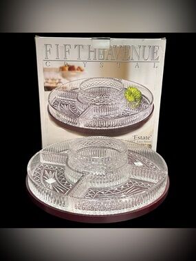 Vintage 2000s Fifth Avenue Crystal Estate Lazy Susan Mahogany Finished Wood Base